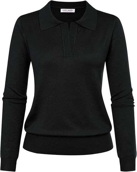 Kate Kasin Women Long Sleeve Polo Sweater V Neck Knitted Tops Casual Ribbed Shirt Loose Pullover ... | Amazon (US)