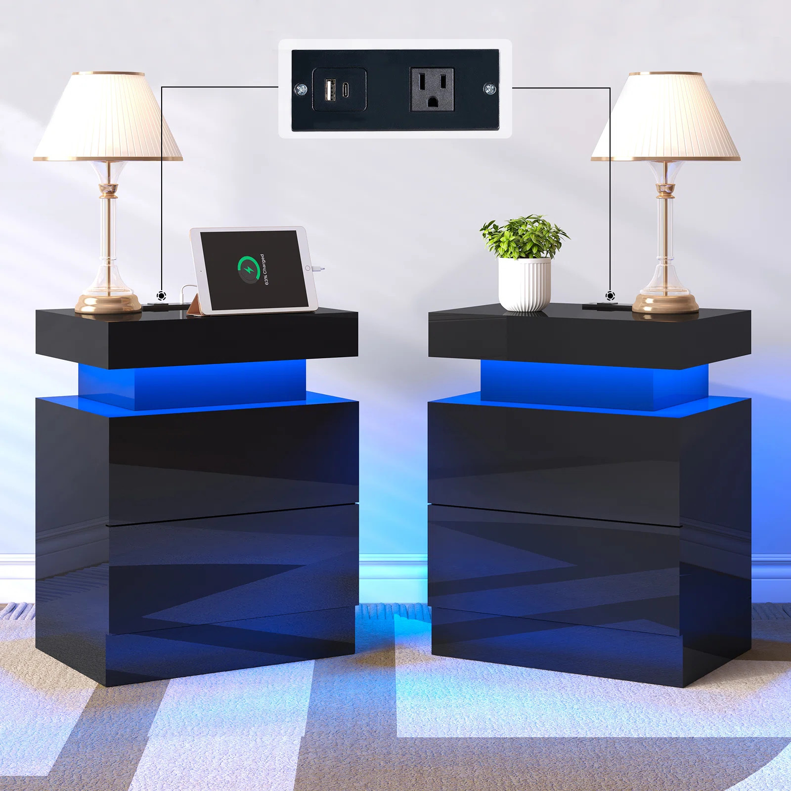Wrought Studio Nightstand Set Of 2 With Charging Station And Led Light, Modern Side Table With 2 ... | Wayfair North America