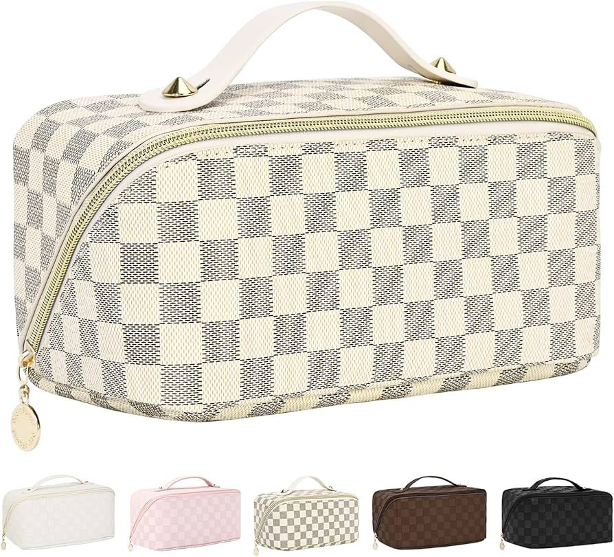 SOIDRAM Large Capacity Travel Cosmetic Bag Makeup Bag Checkered Leather Makeup Bag Organizer Wome... | Amazon (US)