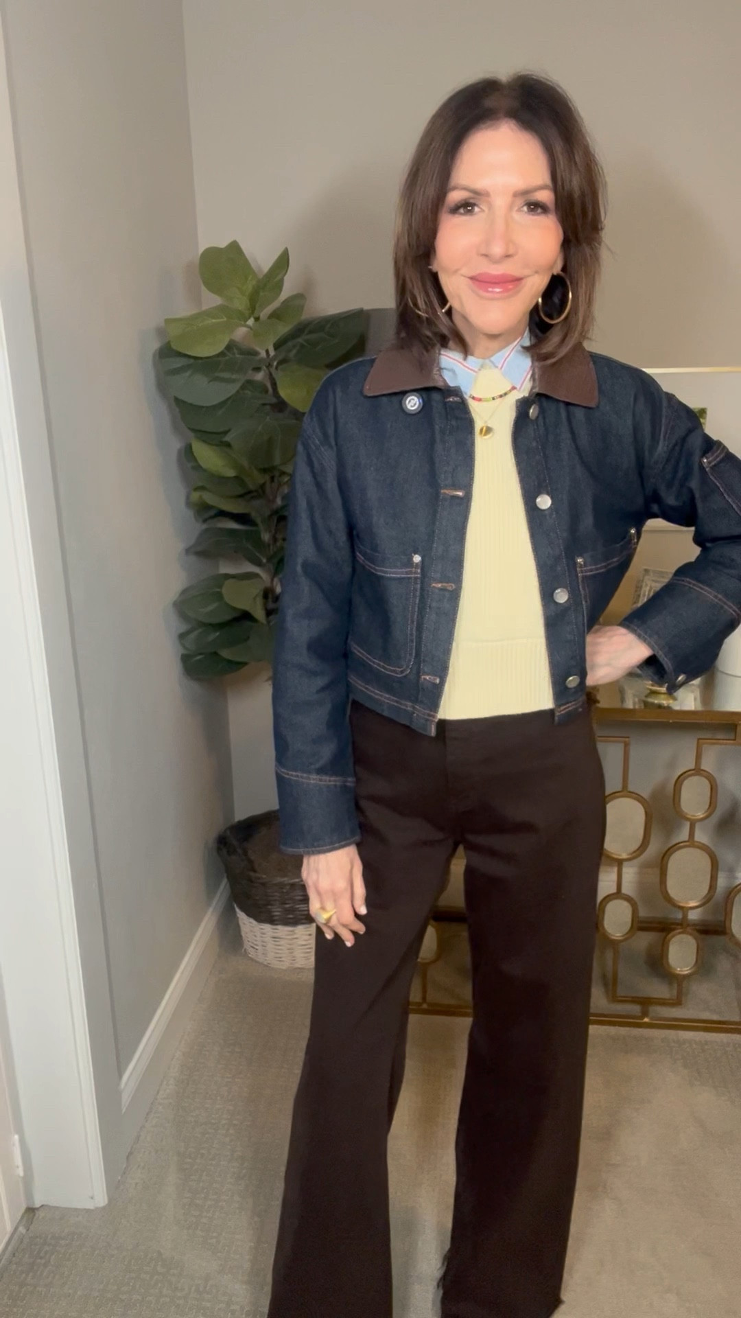 church outfit, yellow sweater, denim jacket, brown wide leg pants, brown boots, spring outfit, over 50 outfits 

#LTKOver40 #LTKgrwm #LTKootd