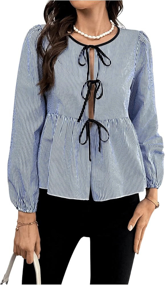 MakeMeChic Women's Striped Tie Front Top Babydoll Lantern Sleeve Shirt Blouse Crewneck Cute Top | Amazon (US)