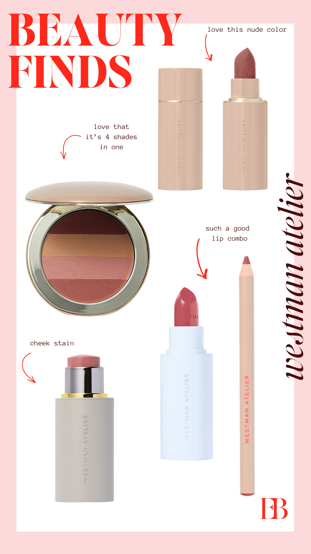The lip palette for women who want their makeup to look like skin, not a project.

Westman Atelier's Lip Suede Palette in Les Nudes is a curated set of the brand's most-loved lip formulas — the Lip Shape liner for precise definition, the HydroBalm tinted lipstick for a sheer juicy finish, and the Lip Suede Matte for when you want actual color that doesn't feel like it's drying your lips out by noon. All clean ingredients, 100% natural pigments, peptides, vitamins C and E.
Les Nudes is the edit I'd hand someone who says they don't know what lip colors work for them — these shades are true-to-life, wearable across skin tones, and buildable enough to go from a school drop-off to a dinner without reapplying from scratch. The refillable packaging and magnetic mirrored cap are the details that make it feel like a grown-up beauty buy.

At $50–$80 it's the palette that actually gets used. 

 