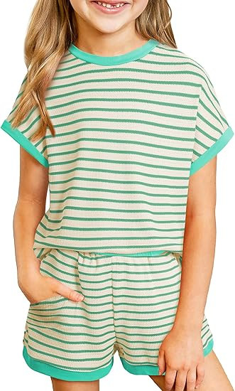 Amazon.com: blibean Tween Girls Summer Clothes Sets Big Kids Striped Short Sleeve Outfits Teen Tr... | Amazon (US)
