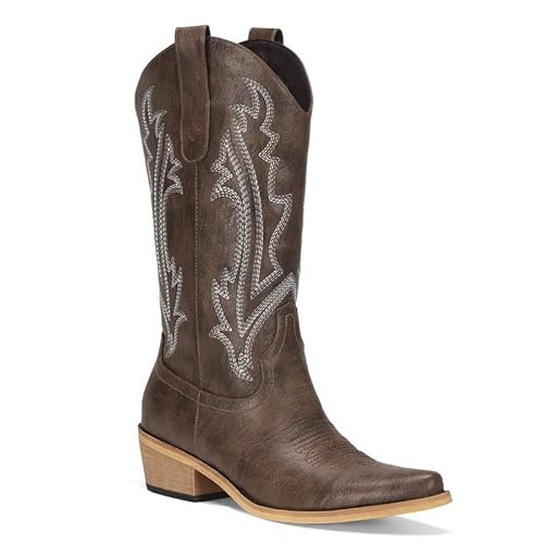 RURUNA Cowboy Boots for Women Mid Calf Brown Cowgirl Boots Square Toe Western Boots Womens Cowboy Boots Chunky Heel botas vaqueras para mujer | Amazon (US)