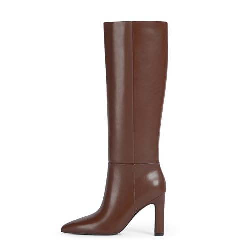 QIY Brown Boots Women Knee High Tall Boots Pointed Toe Chunky High Heel Side Zipper Brown Knee High Boots Size 10 | Amazon (US)