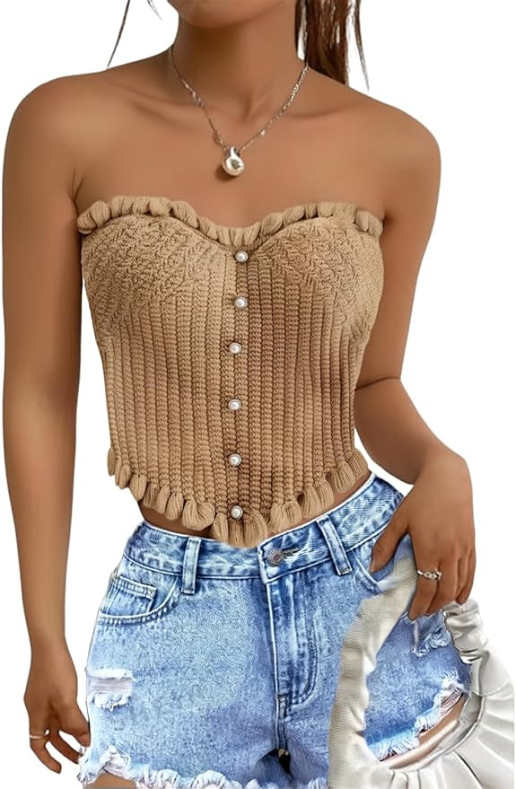 GORGLITTER Women's Pearl Strapless Tops Summer Outfits 2025 Beach Vacation Clothes Asymmetrical T... | Amazon (US)