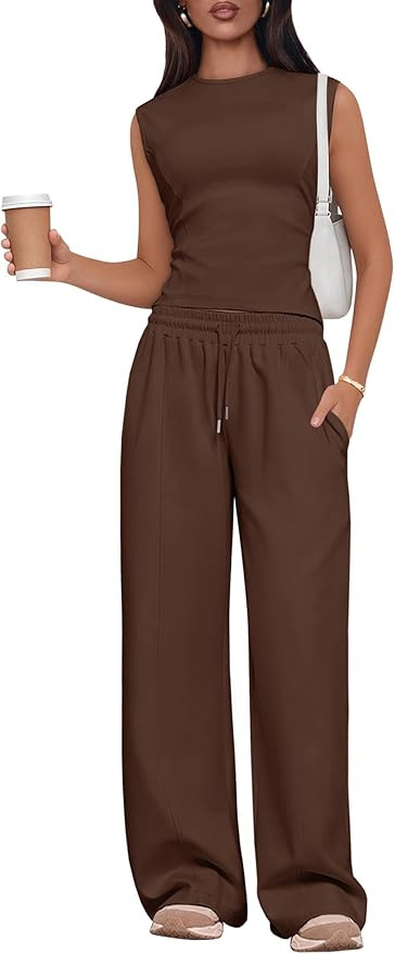 Lazysmile 2 Piece Sets for Women Summer Outfits Lounge Sets Sleeveless Tops Wide Legs Long Pants ... | Amazon (US)