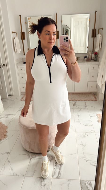 curvy white summer athleisure look! wearing size large in athletic collared dress. linking sneakers + socks too!

#LTKActive #LTKFitness #LTKMidsize