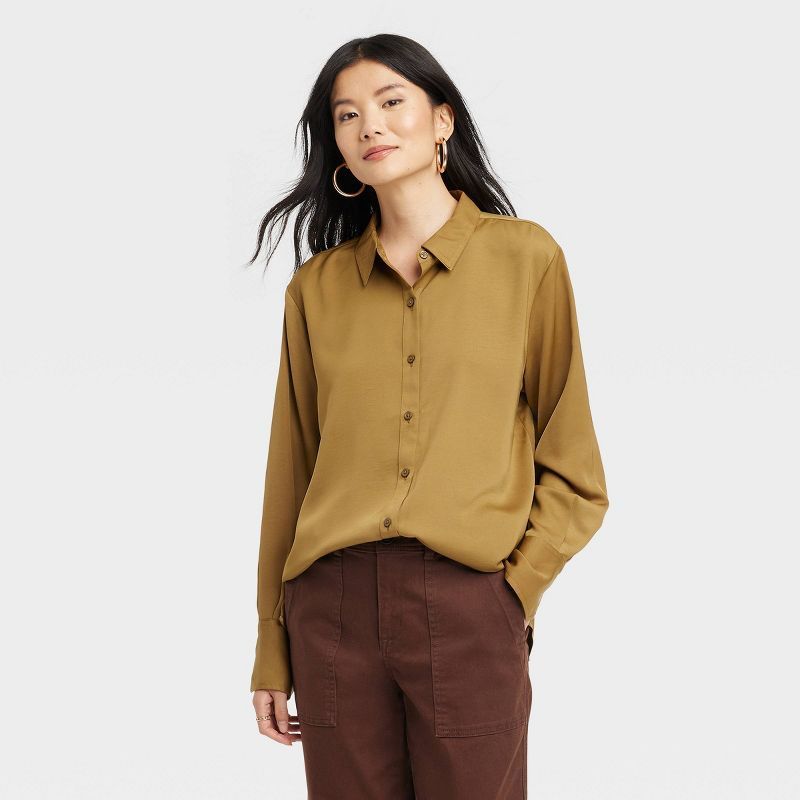 Women&#39;s Long Sleeve Satin Button-Down Shirt - A New Day&#8482; Olive Green S | Target