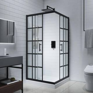 Support 36in.Lx36in.Wx72in.H Framed Black Shower Enclosure Apartment in Support Bar with 0.25''Easy-Clean Tempered Glass | The Home Depot