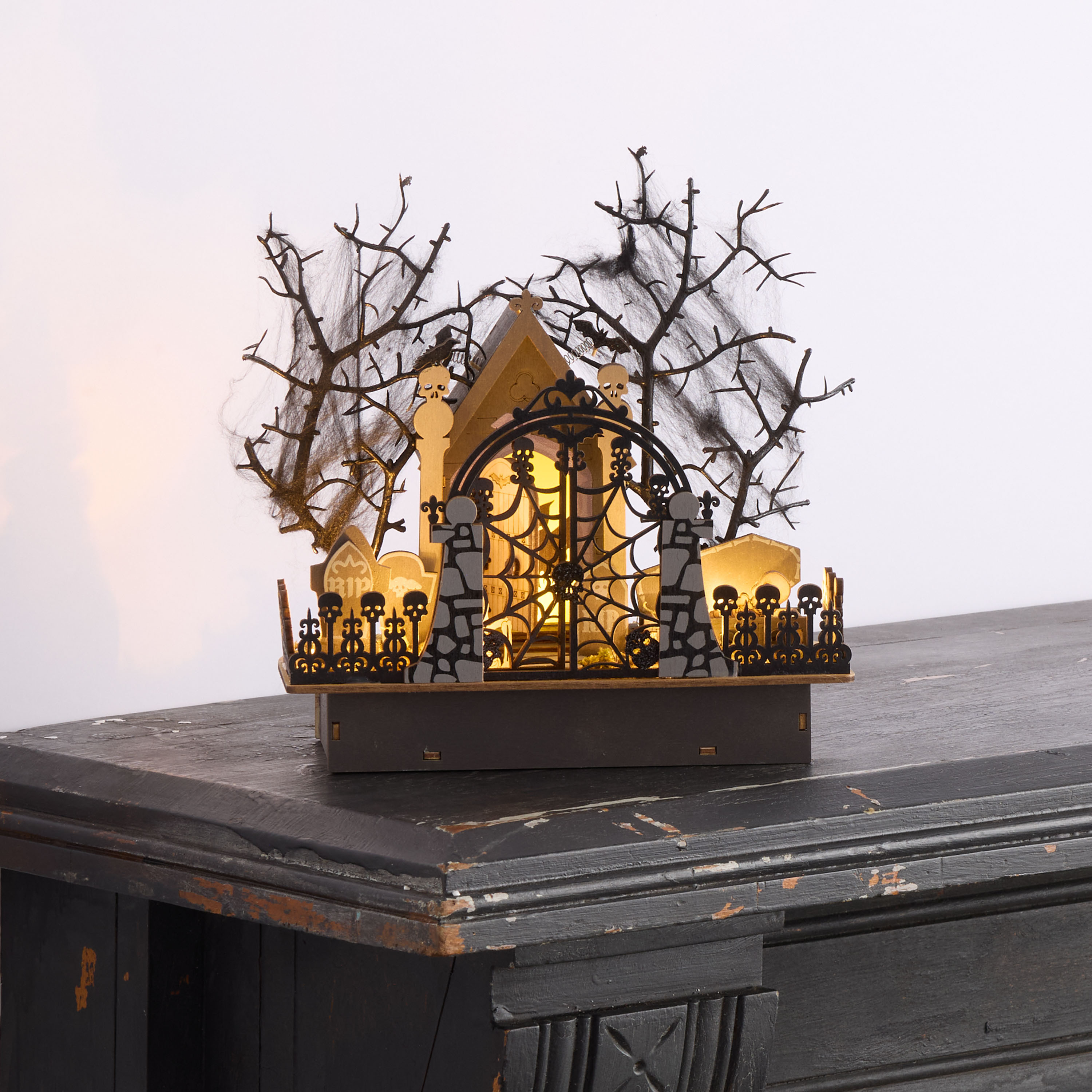 Laser Cut Wood Mausoleum Graveyard LED Light Up Decor | World Market