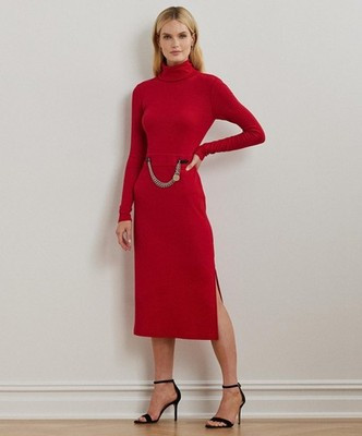 Lauren Ralph Lauren Women's Chain-Trim Rib-Knit Turtleneck Dress Color Red $165 | eBay US