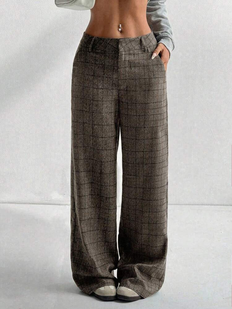 SHEIN Unity Women's Extra Long Plaid Dark Grey Commuting Casual Draping Loose Comfortable Pants Fall Cloth For Women | SHEIN
