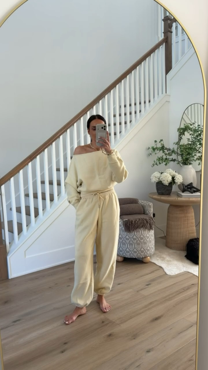 butter yellow, loungewear set, one shoulder sweatshirt, spring style, comfy look, annabrstyle

#LTKOver40