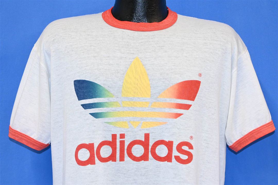 80s Adidas Rainbow Trefoil Spellout Ringer T-shirt Large - Etsy | Etsy (US)