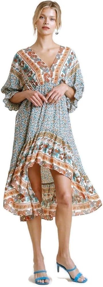 Umgee Women's Mixed Print High Low Midi Dress, Cream | Amazon (US)