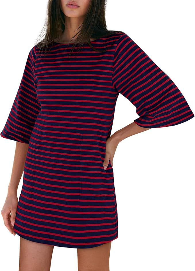 Yousify Women’s T Shirt Dress Cotton Summer Dresses 2025 Casual Loose Short Sleeve Striped Mini... | Amazon (US)