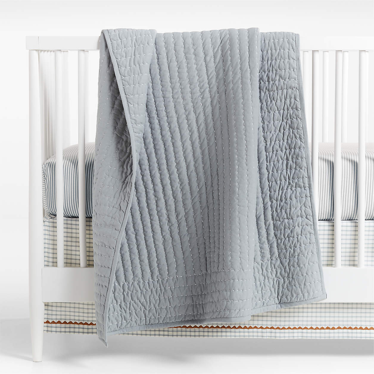 Comfy Tee Keepsake Stitched Blue 100% Organic Cotton Jersey Crib Quilt + Reviews | Crate & Kids | Crate & Barrel