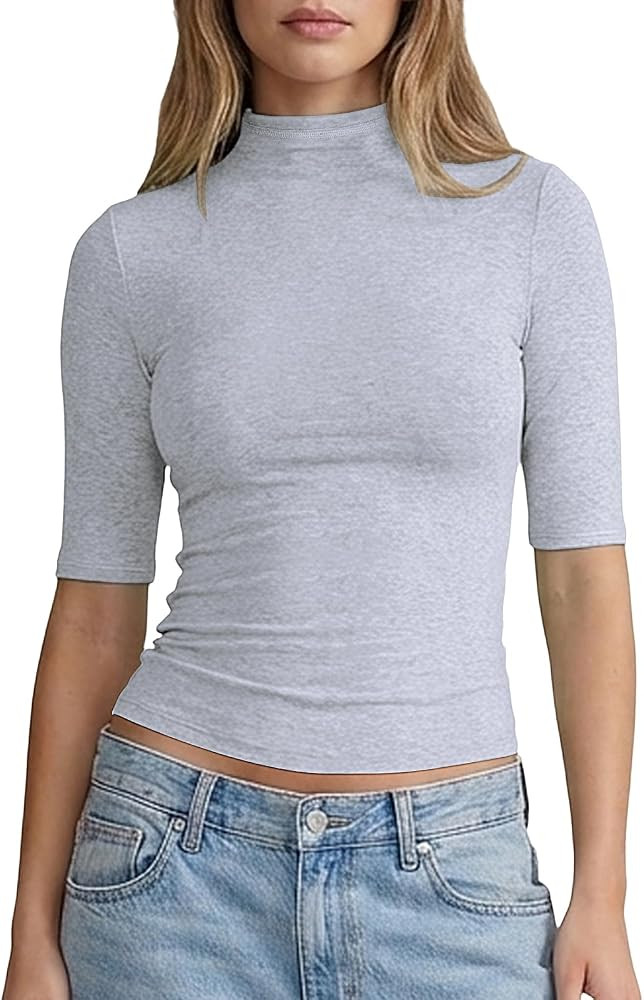 PrettyGuide Womens Mock Turtleneck Tops Half Short Sleeve Cotton Shirts Slim Fit Dressy Business ... | Amazon (US)
