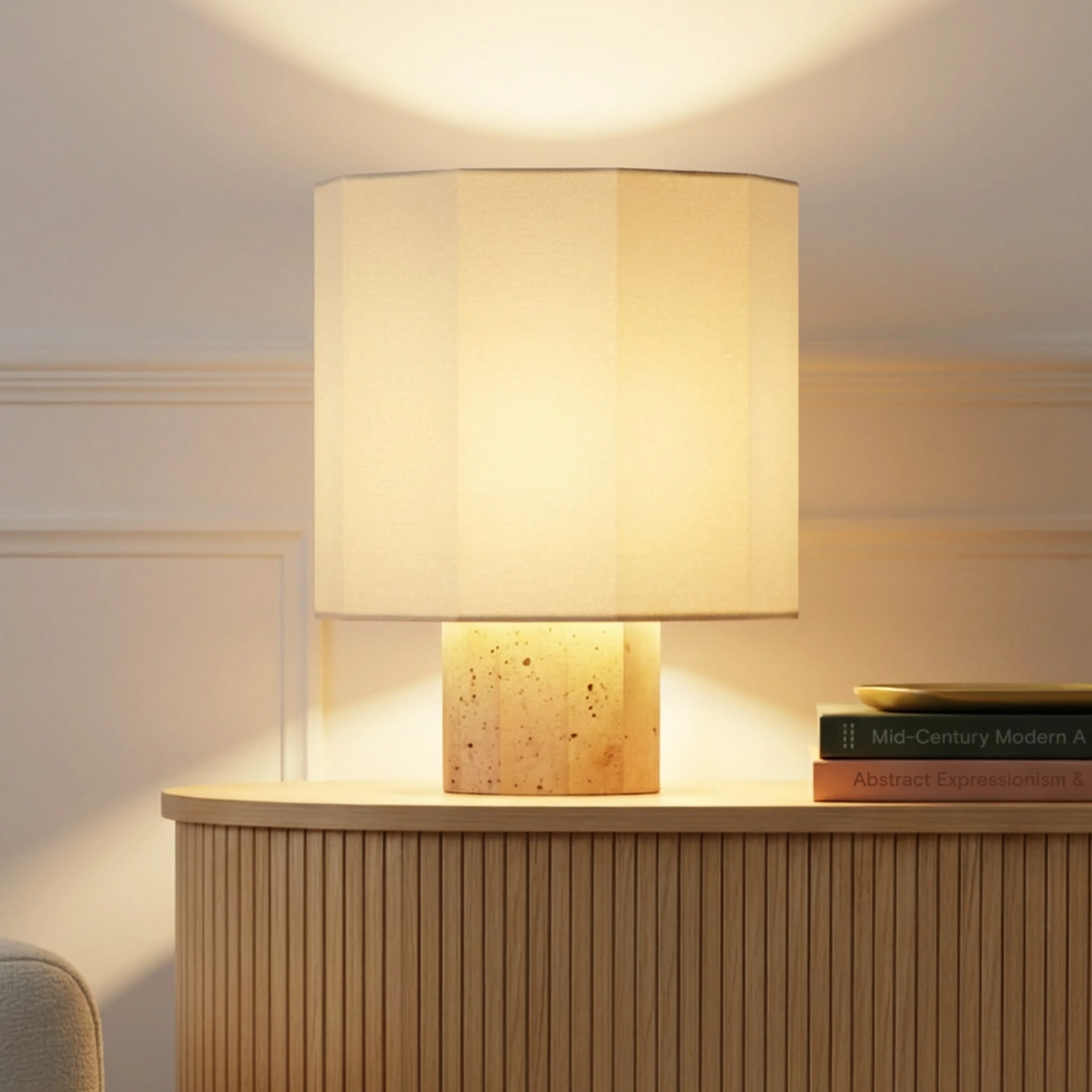 Cleo 10" Travertine Stone LED Table Lamp With Geometric Cream Cotton Shade | Wayfair North America