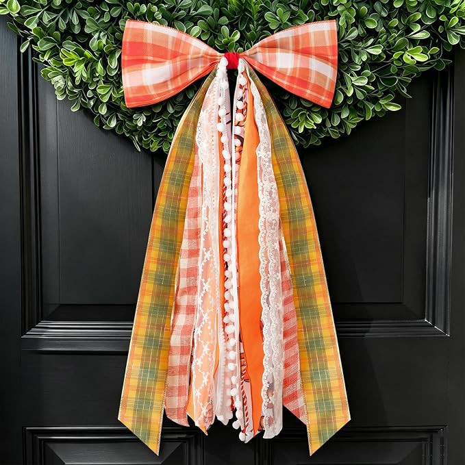 Fall Decor - Large Autumn Harvest Wreath Bow for Front Door 27x13 Inch | Pre-Shaped Plaid Ribbon ... | Amazon (US)