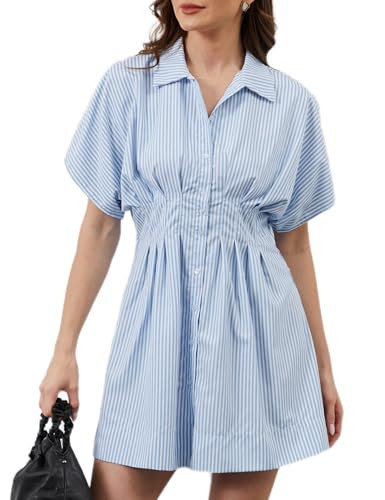MSBESYOR Women Button Down Pleated Shirt Dress Summer Short Sleeve Blouse Striped Print Corset Mini Dresses | Amazon (US)