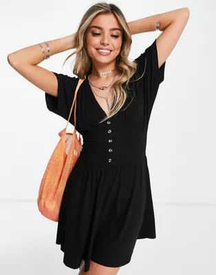 ASOS DESIGN waisted mini tea dress with buttons in black | ASOS (Global)