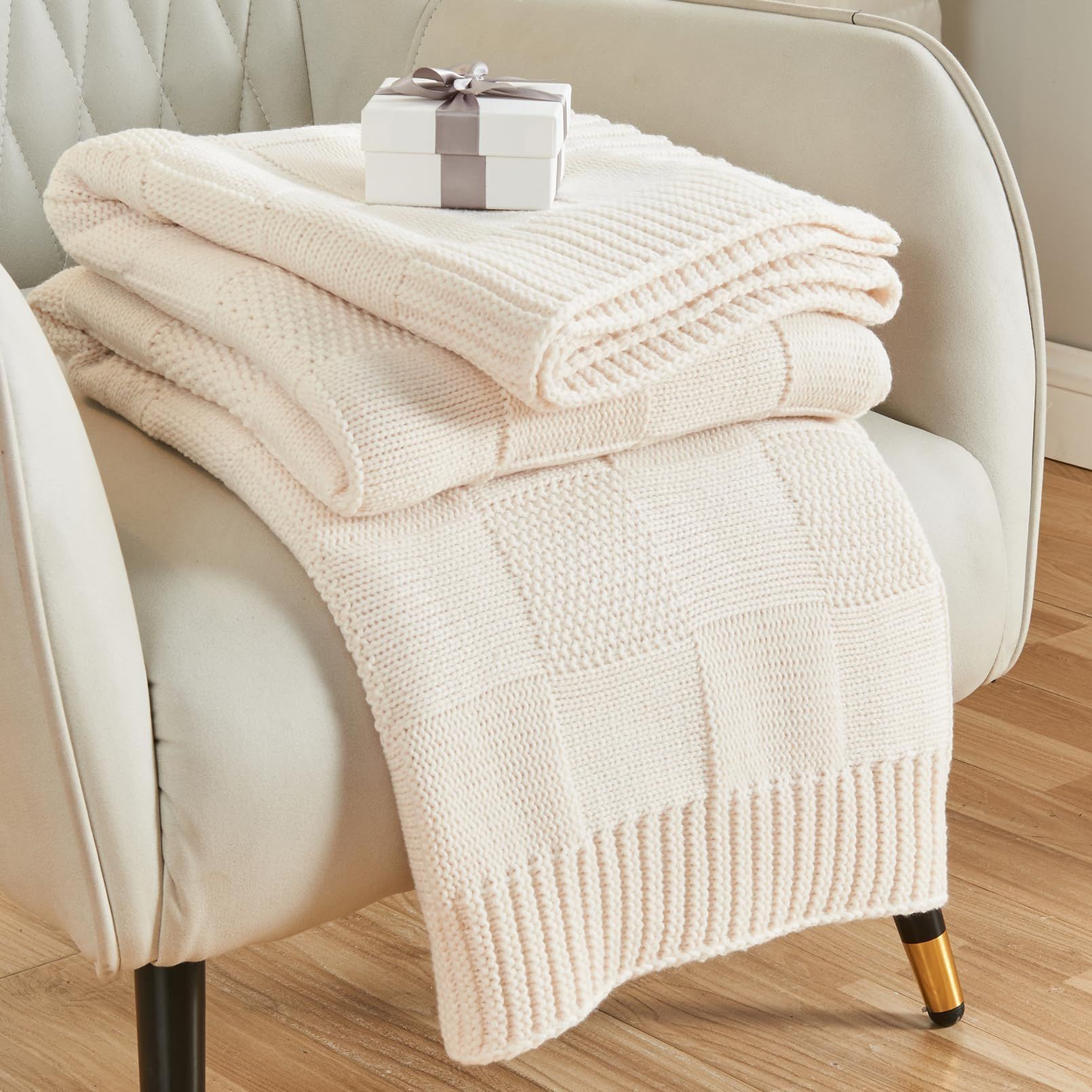 Knit Throw Blanket, White Checkered Throw Blanket for Couch, Soft Cozy Knitted Throw Blanket for ... | Amazon (US)