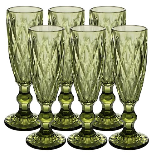 YTCYKJ Glass Green Champagne Flutes,Vintage Wine Glasses,Green Wine Glasses,Colored Glassware Set,Water Goblets for New Year Christmas,Party, Wedding, & Daily Use,5 oz, Set of 6 | Amazon (US)