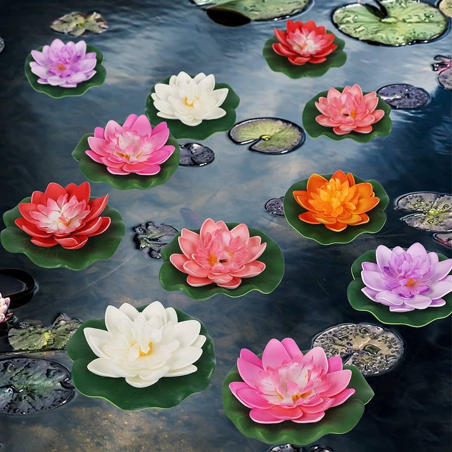 Happy Trees 12 Pcs Artificial Floating Foam Lotus Flower with Water Lily Pad, Lifelike Ornanment ... | Amazon (US)
