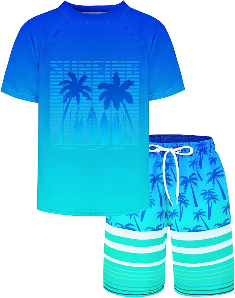 Boys Two Piece Rash Guard and Swim Trunks Outfit Set Kids Short Sleeve Swimsuit | Amazon (US)