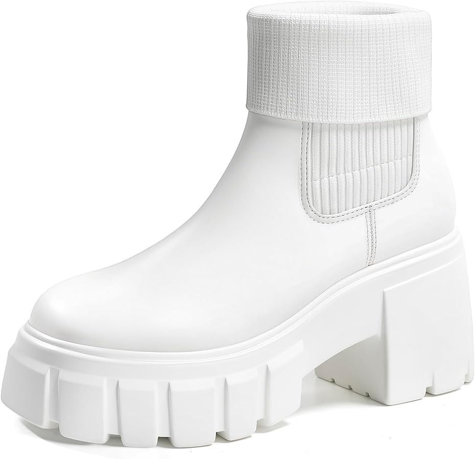 FITORY Womens Chelsea Boots, Elastic Ankle Booties with Chunky Mid Heel and Lug Sole, Comfy Trend... | Amazon (US)