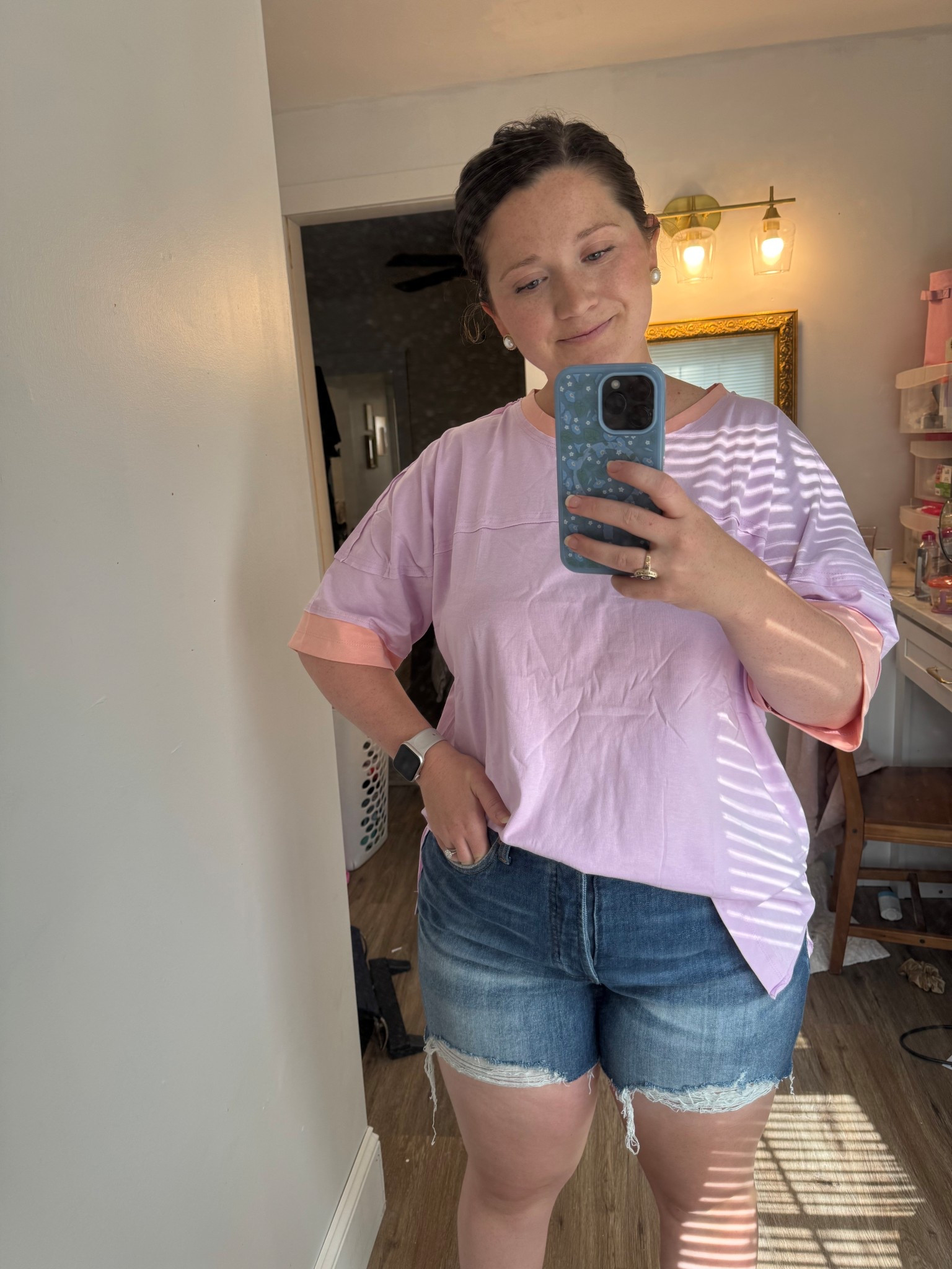 $15 prime day oversized t shirt. Denim shorts. Postpartum style 