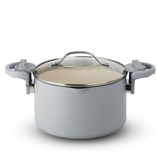5 Qt. Non-Stick Aluminum Ceramic Pasta Pot with Built-in Strainer and Twist N Lock Handles in Pastel Grey | The Home Depot