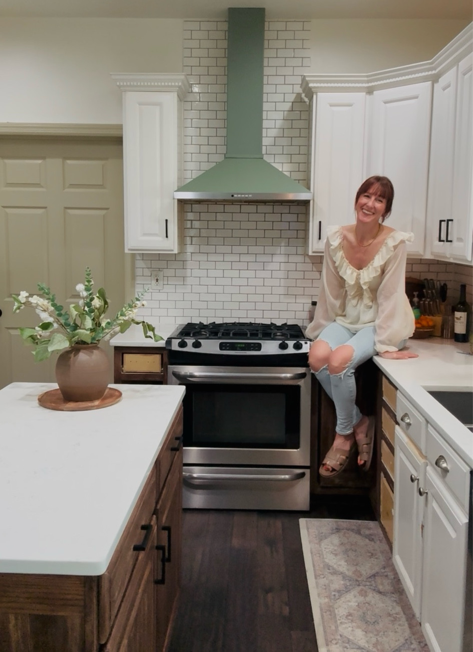 Here’s your mini mid-project update! Adding green peel and stick wallpaper to the range hood was the best pop of color I needed  The kitchen is surely coming along. Stay tuned for more fun!

#LTKmomlife #LTKHome