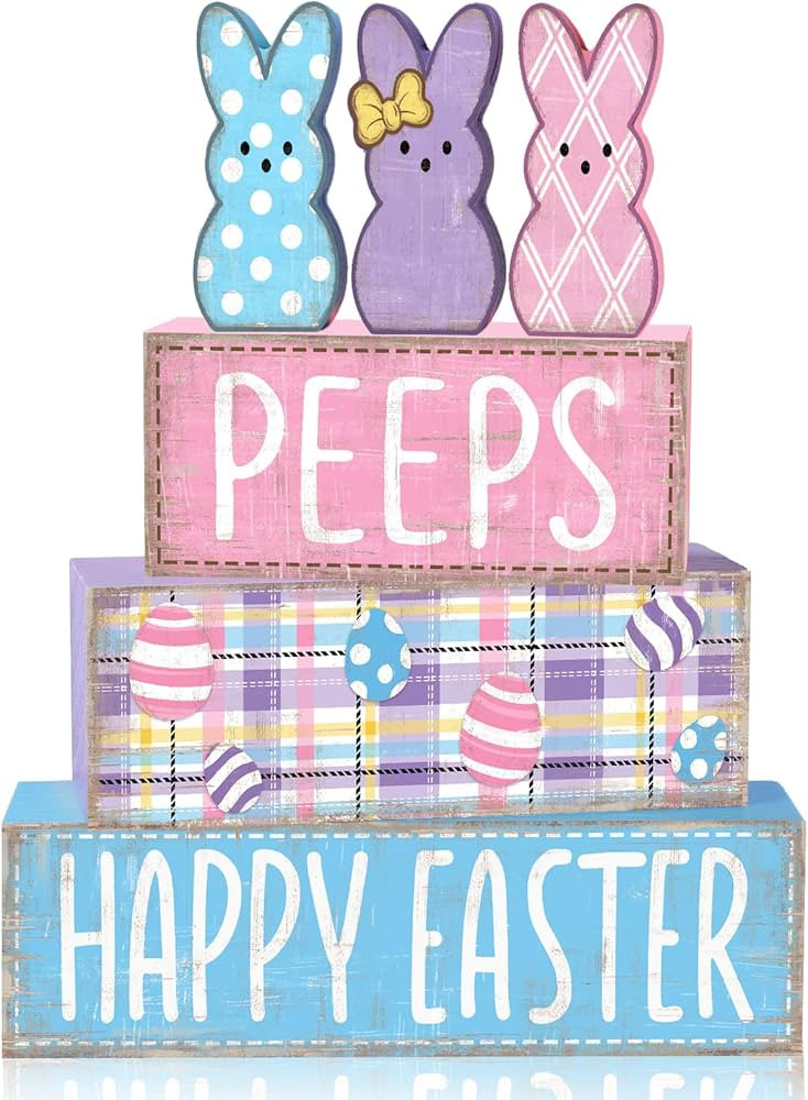 DIYDEC 6Pcs Easter Tabletop Decorations Colorful Bunny Wooden Block Signs Gift Rustic Tiered Tray... | Amazon (US)