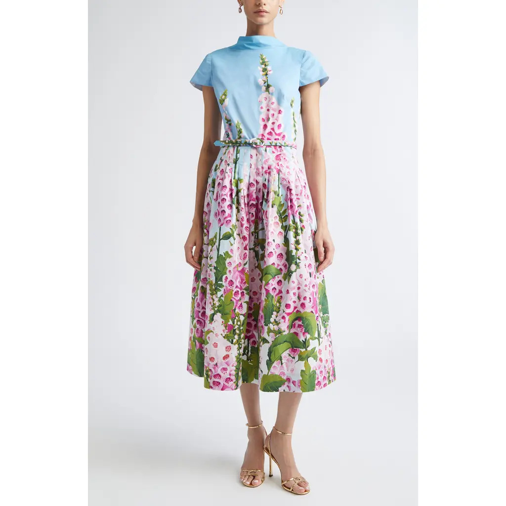 Oscar de la Renta Foxglove Stretch Poplin Fit & Flare Dress in Lilac/Sky at Nordstrom, Size 4 | Nordstrom