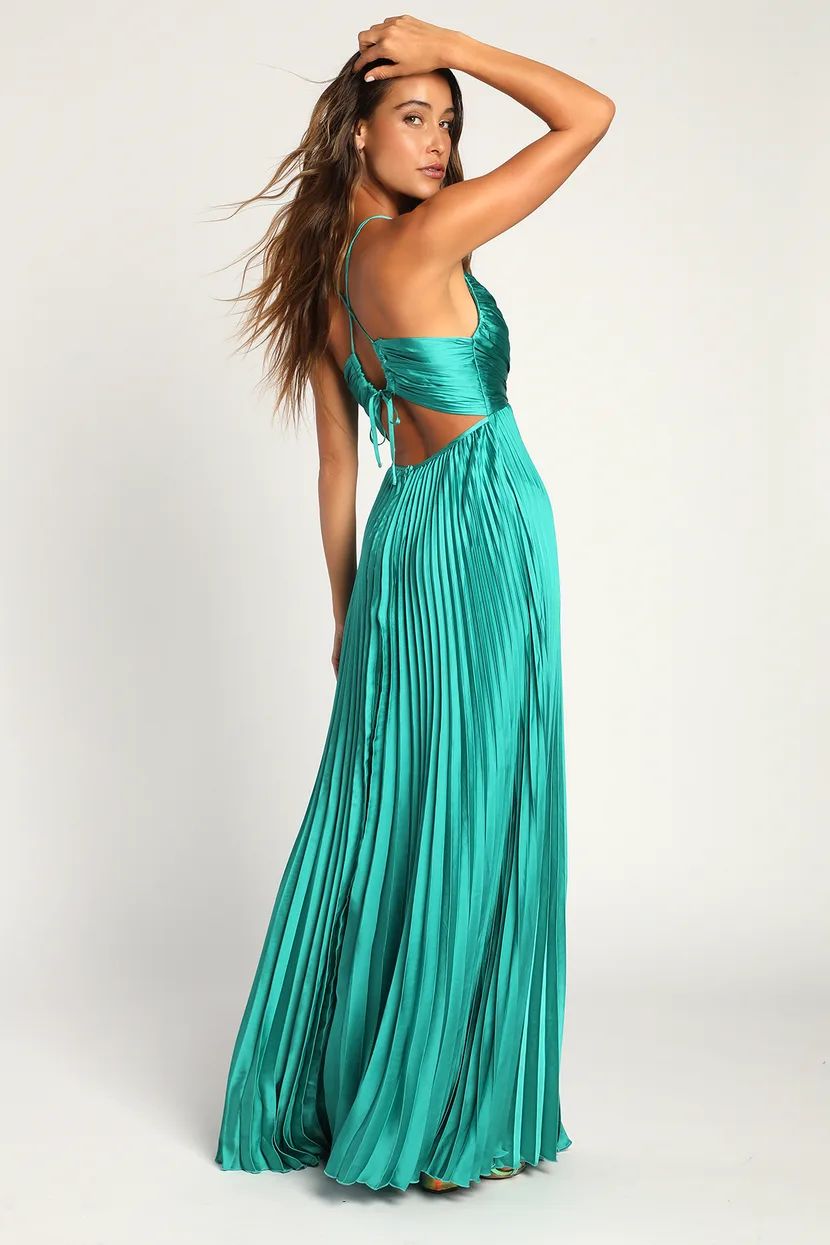 Dreaming in Color Green V-Neck Pleated Satin Maxi Dress | Lulus (US)