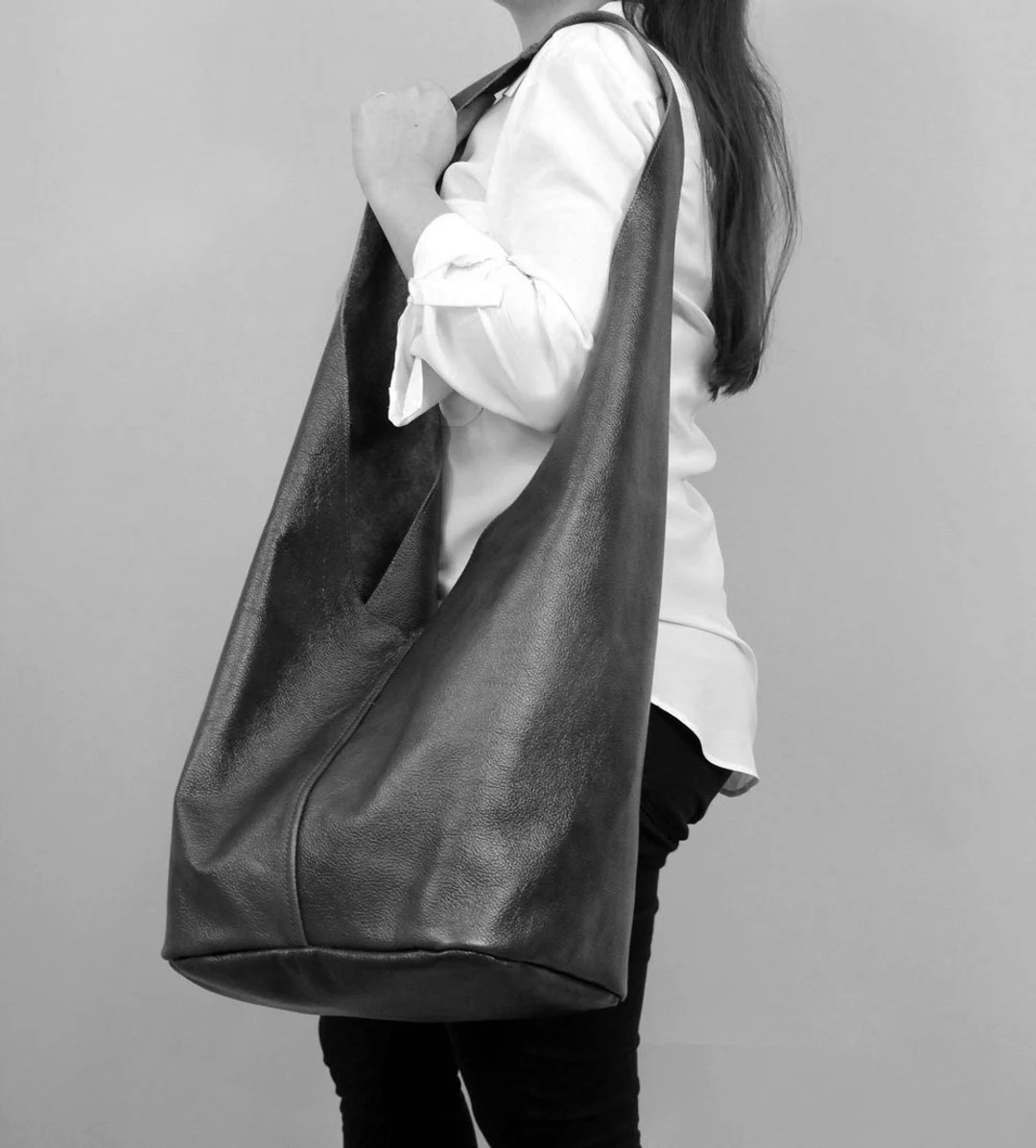 Black Leather Hippie Bag Bag Shoulder and Cross Body Hobo - Etsy UK | Etsy (UK)