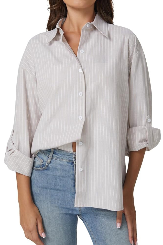 QINSEN Oversized Button Down Shirts for Women Long Sleeve Striped Casual Blouse Cotton Tops | Amazon (US)