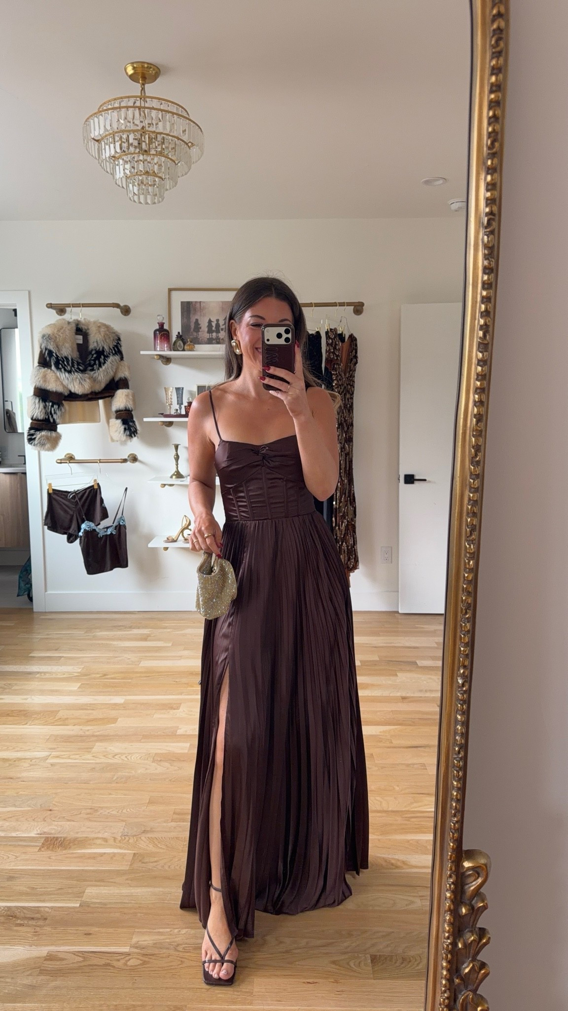 brown satin maxi with thin straps, a pleated skirt, and a front slit vici fall and winter wedding guest and special occasion dress ✨

codes -
Vici: Emerson40

In 5’4” and sized down to xs 

fall event, fall wedding guest dresses, cocktail dresses, semi-formal dresses, black tie wedding guest dresses, destination wedding guest dresses, garden party dresses, wedding guest outfit ideas

#LTKWedding #LTKgrwm #LTKootd