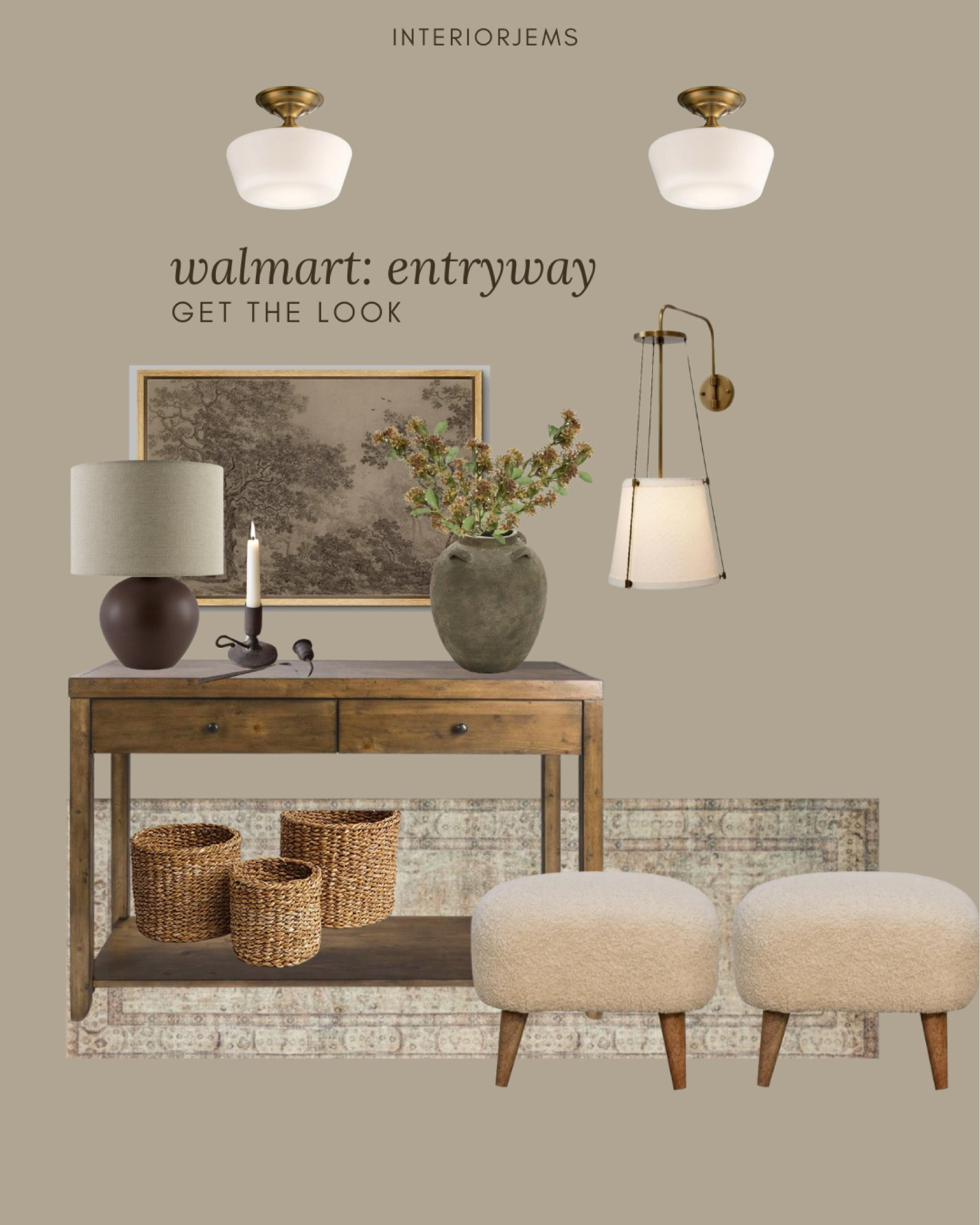 Walmart Entryway get the look, styled Entryway, move board, brown table, lamp, bedroom, lamp, large vase. I actually have this face, and I love it really pretty, one-of-a-kind style wall, sconces, set of baskets, portable console table, Ottomans, ceiling, light, vintage style ceiling, light, framed, ready art

#LTKHome #LTKStyleTip #LTKSaleAlert