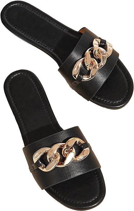 GORGLITTER Women's Flat Sandals Fashion Slides With Soft Leather Metallic Chain Slippers for Summ... | Amazon (US)