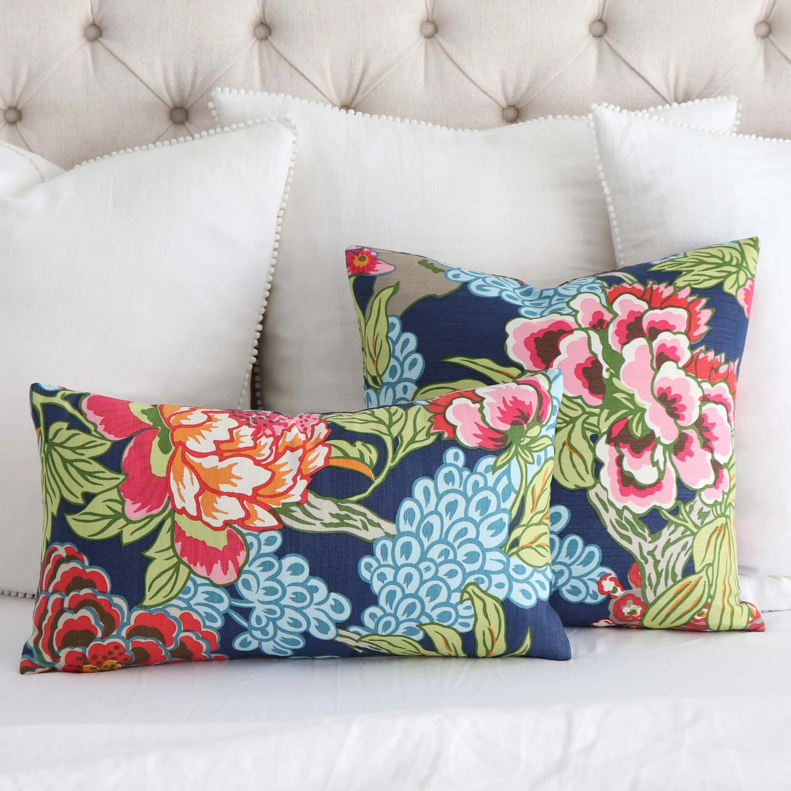 Colorful Navy and Pink Chinoiserie Pillow Cover, Peony Pillow, Designer High End Pillow, Large Pr... | Etsy (US)