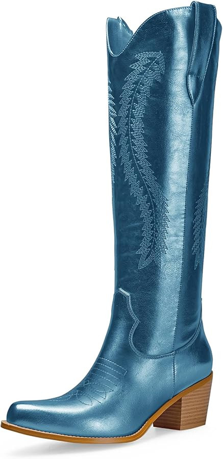 Mid Calf Metallic Cowboy Boots For Women Glitter Western Embroidered Cowgirl Boots Wide Calf Chun... | Amazon (US)