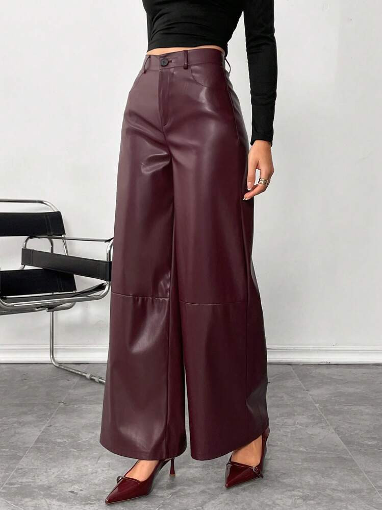 Siren Gaze Women's Burgundy Red Leather Women Pants Plain Front-Button Minimalist Casual Pants, D... | SHEIN