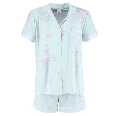 CTM Women's Floral Notched Collar Short Pajama Set, Xlarge, Mint | Target