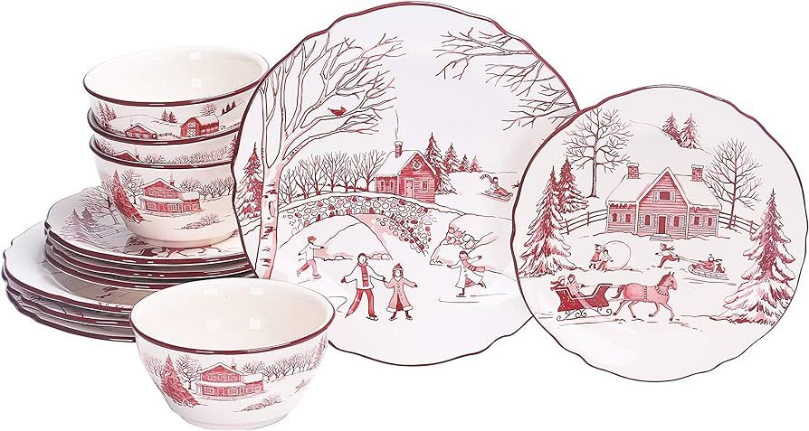 Amazon.com | Bico Toile de Jouy Winter Wonderland Ceramics 12pcs Dinnerware Set, Service for 4, I... | Amazon (US)