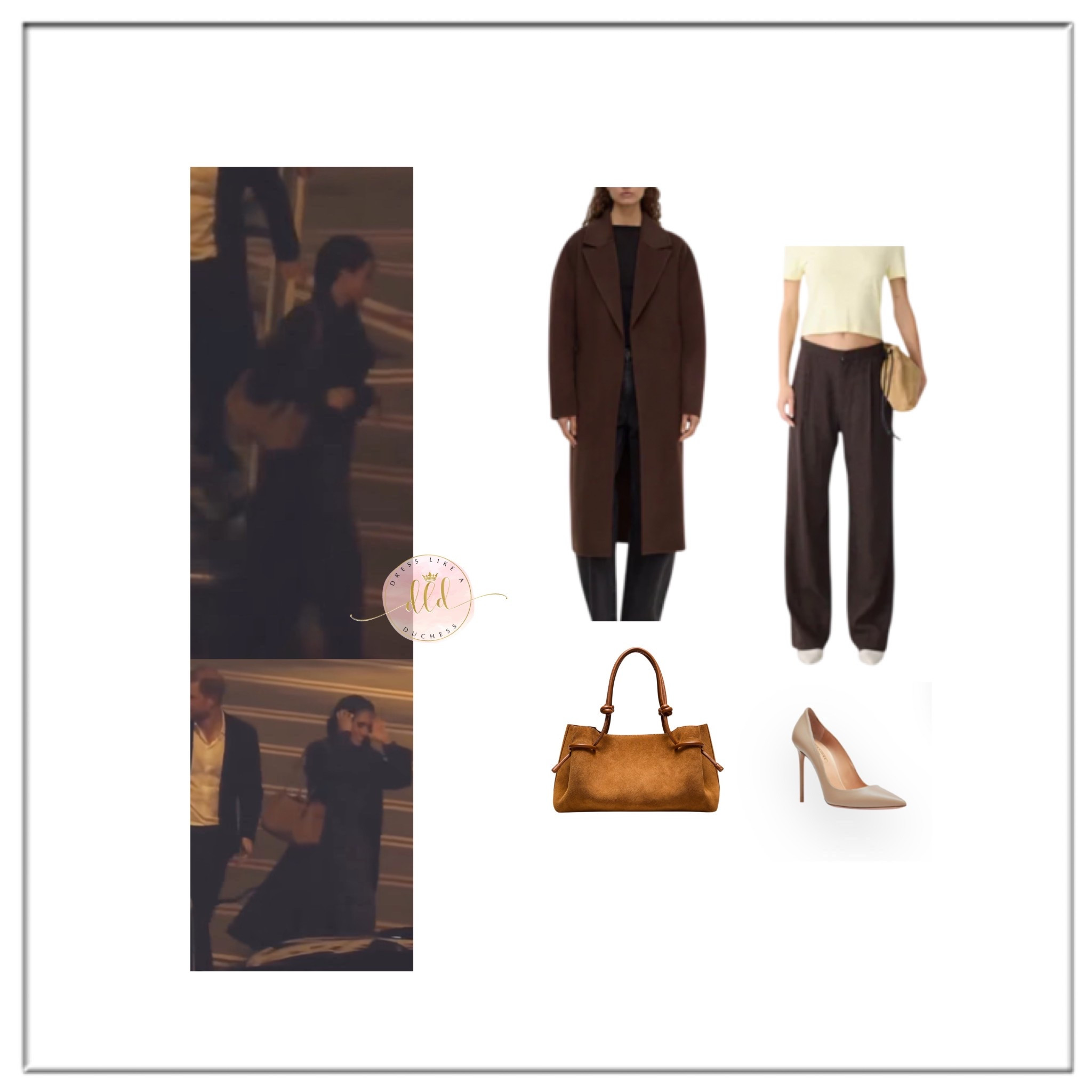 4/17/26 Meghan Markle arrives at Sydney airport wearing Assembly Label Ivy coat + Bassike trousers + Scanlan Theodore Athos Shopper tote 