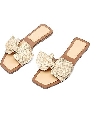 LAICIGO Womens Slip on Bow Sandals Dressy Comfortable Flat Sandals Square Toe Summer Slides | Amazon (US)